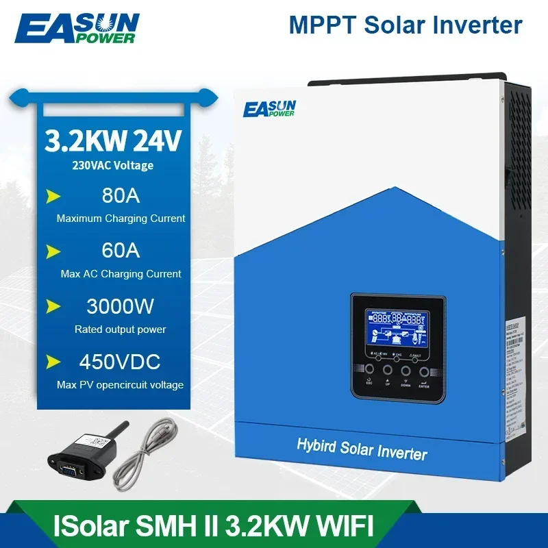 EASUN POWER 3.2KW 3200VA Inverter solare ibrido 24V 220V 50/60Hz Inverter ibrido a onda sinusoidale pura 60A MPPT regolatore di carica solare