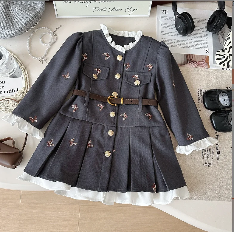 New Baby Girls Fall Boutique Butterfly Sets Coat + Skirts Princess Fashion Suits 2-7T