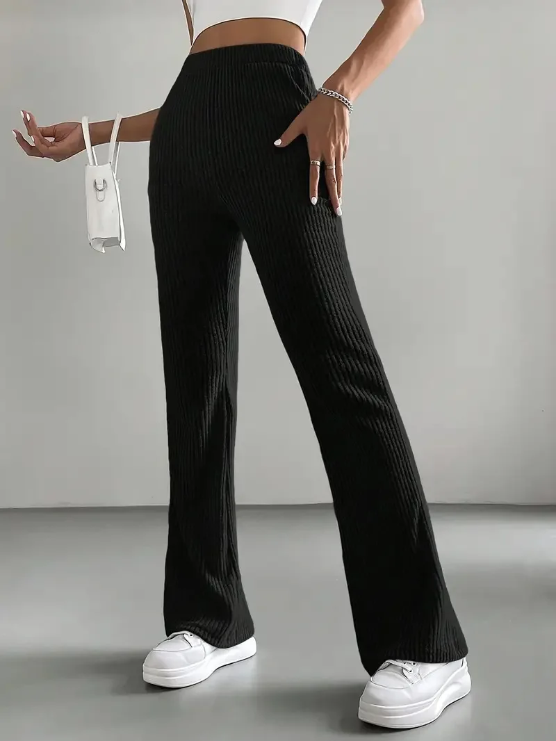 Flared pants for women, solid color casual pants, ribbed knitted, fashionable, versatile and slimming long pants