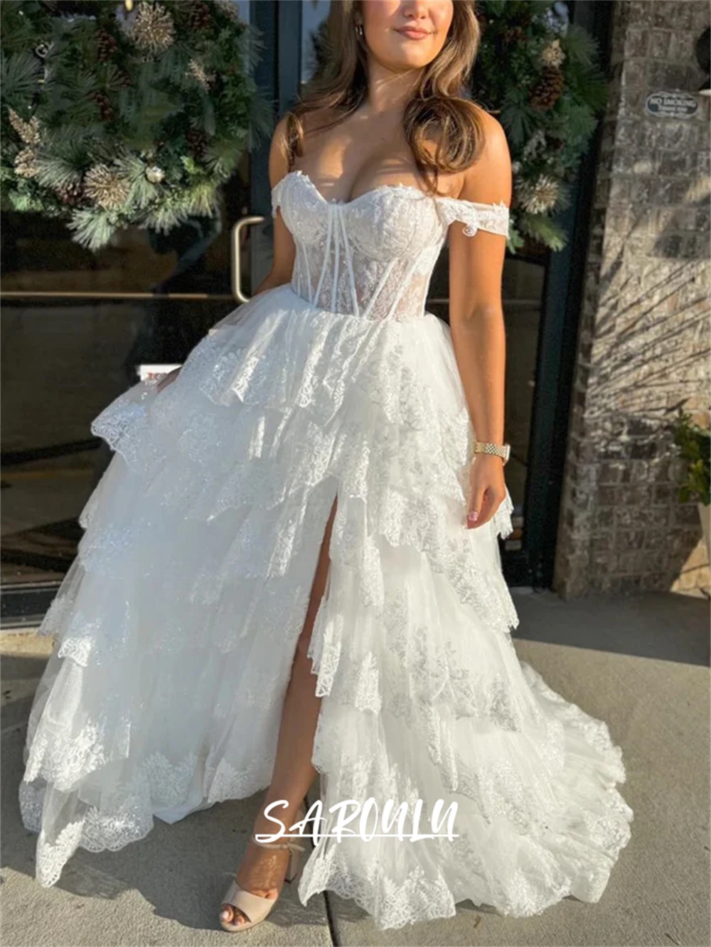 Sweet Tiered Prom Dress for Women A Line Lace Evening Dresses Off The Shoulder Sweet 15 Dresses Quinceanera Cocktail Dresses