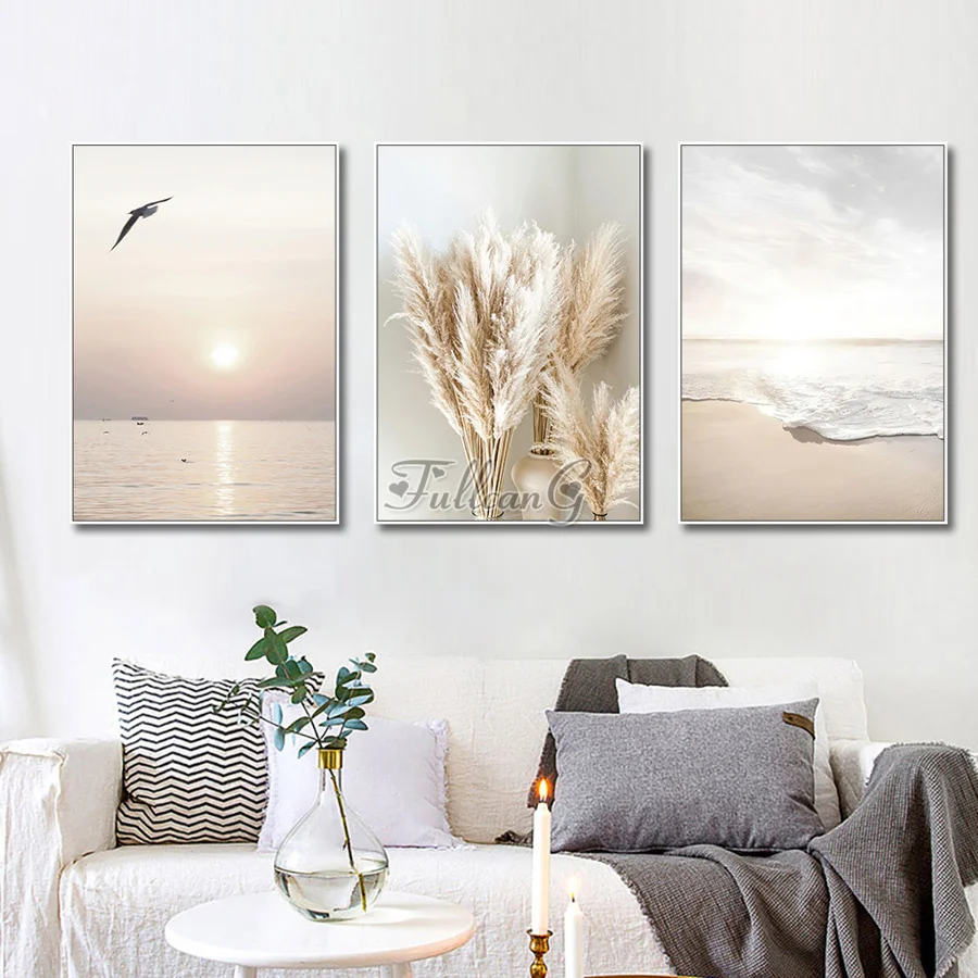 3 Piece Diamond Painting Sunset Calm Sea Scenery Full Rhinestone Drill Mosaic Embroidery Reed Grass Triptych Home Decor AA4317