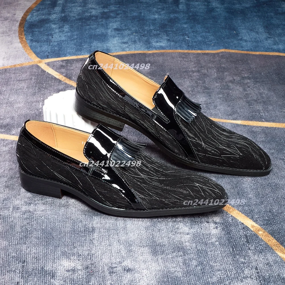 Male Tassel Loafer Shoe Glossy Patchwork Panel Thread Etched Surface, Slip on Construction Pointed Toe Neat Edge Stitching Shoes