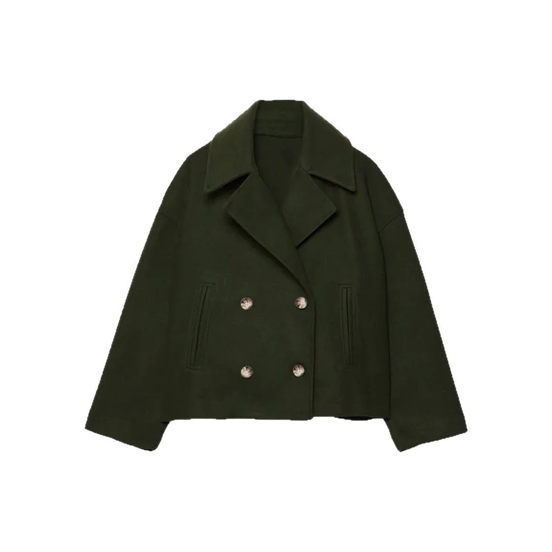Women's Winter Medium Weight Double Breasted Woolen Jacket with Notched Collar Long Sleeve Solid Color Loose Fit Elegant Button