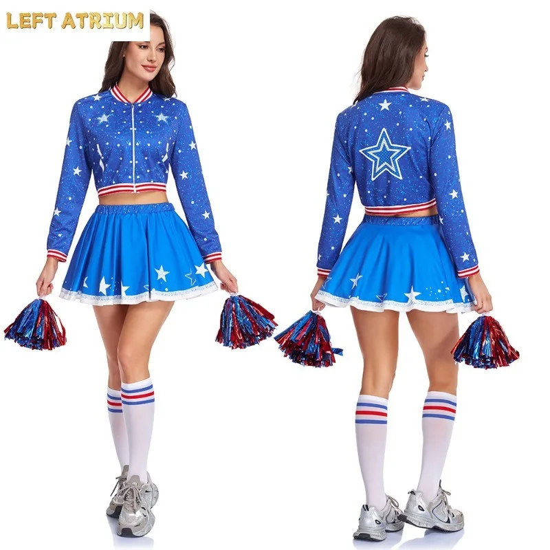 Women Girls Youth Cheering Team Uniform Blue White Star Costume Cheerball Set Sports Competition Theme Party Outfit view 3