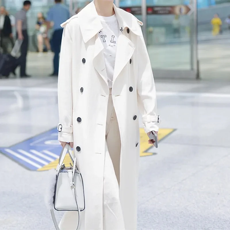 Long White Trench Coat Women\'s 2024 New Spring Autumn Fashion Double-breasted Slim Long Sleeve Windbreaker Female Outerwear