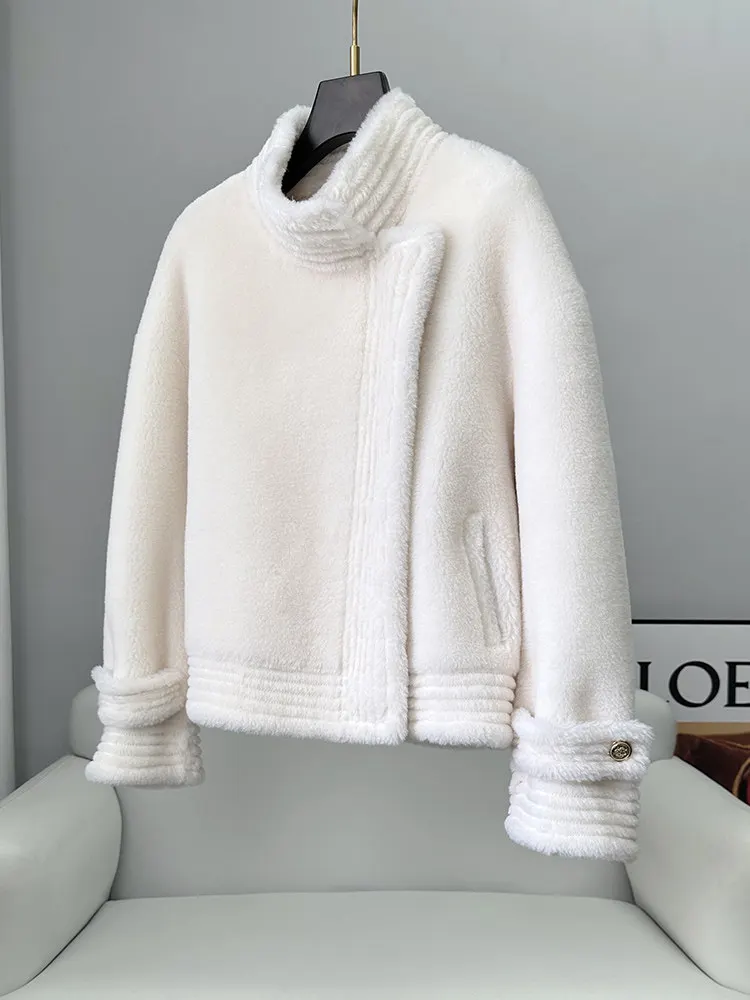Granular sheepskin cut coat for women, short fur and all-in-one lambskin coat, 2025 new style stand-up collar casual fur coat