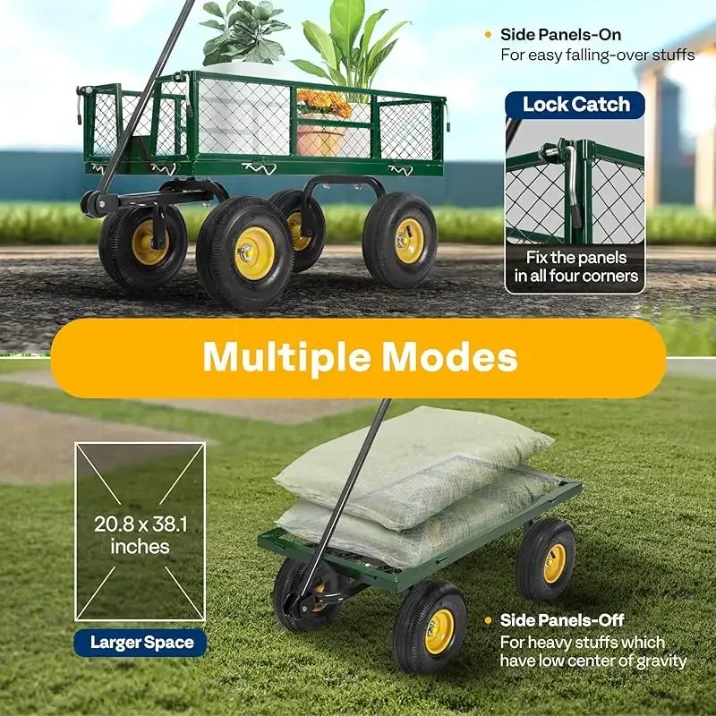 Carro de jardín de malla de acero plegable, carro utilitario con lados extraíbles, alta resistencia, capacidad de 880 libras y ruedas, neumático de