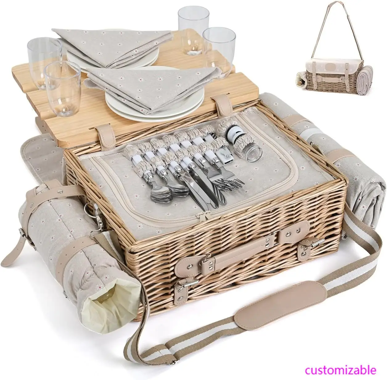 Multifunctional Wicker Picnic Basket Set for 4 with Blanket and Picnic Table, Insulated Picnic Set with Full Tablewares