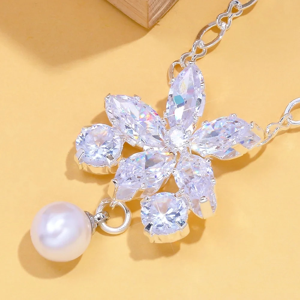 Stonefans Fashion Women Elegant Imitation Pearl Necklace Earrings Zircon Geometry Necklaces Bride Wedding Party Jewelry Set Gift