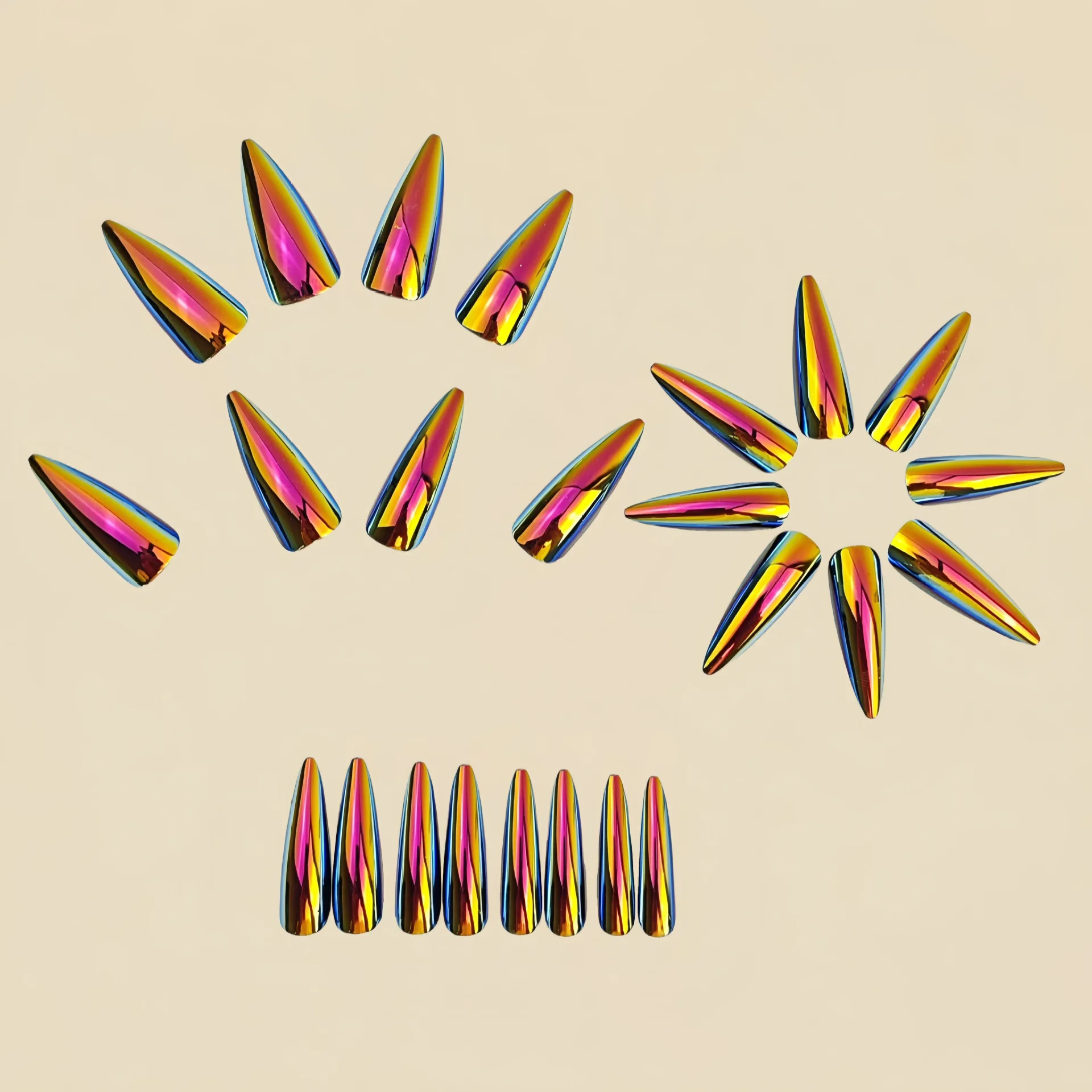 24pcs/set Medium Long Fake Nails Metallic Purple Brown Golden Holographic Plated Almond Waterdrop Nail Tips Press on False Nail