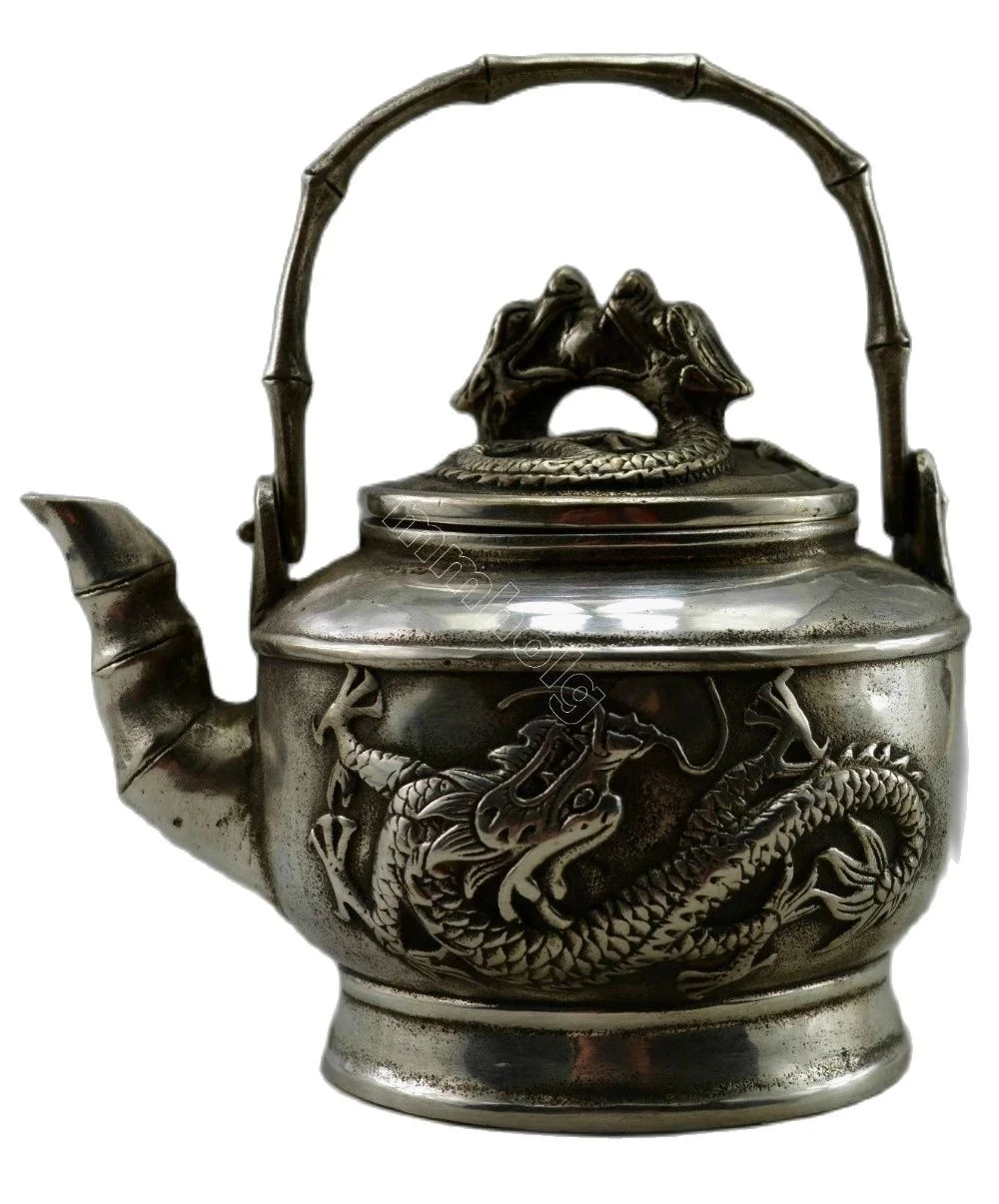 

Collectible home Decorated Old Handwork Tibet miao Silver Carved Dragon Bamboo TeaPot metal crafts