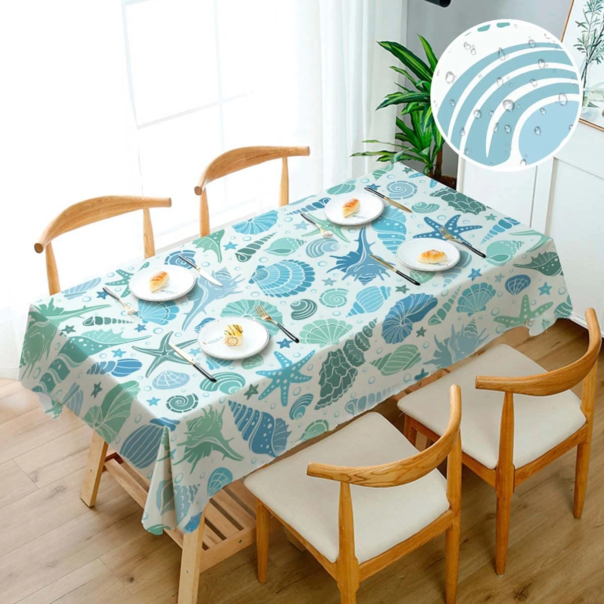 Summer Ocean Shellfish Starfish Rectangular Tablecloth Washable Table Cloth Kitchen Dining Room Table Cover for Party Dinner