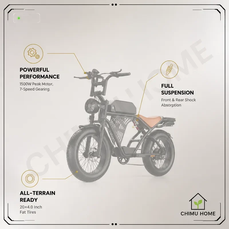 【CHIMU HOME】 20 Inch Electric Bike 1500W Tire Retro E Motorcycle for Snow Off Road High Power Long Range