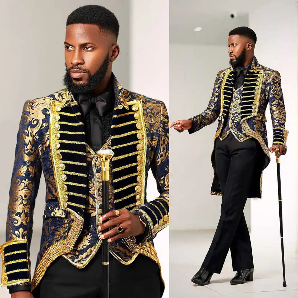 

Royal Exquisite Men's Suits 3 Pcs Jacket Pants Vest Peak Lapel Wedding Groom Tuxedos Formal Occasions Customized