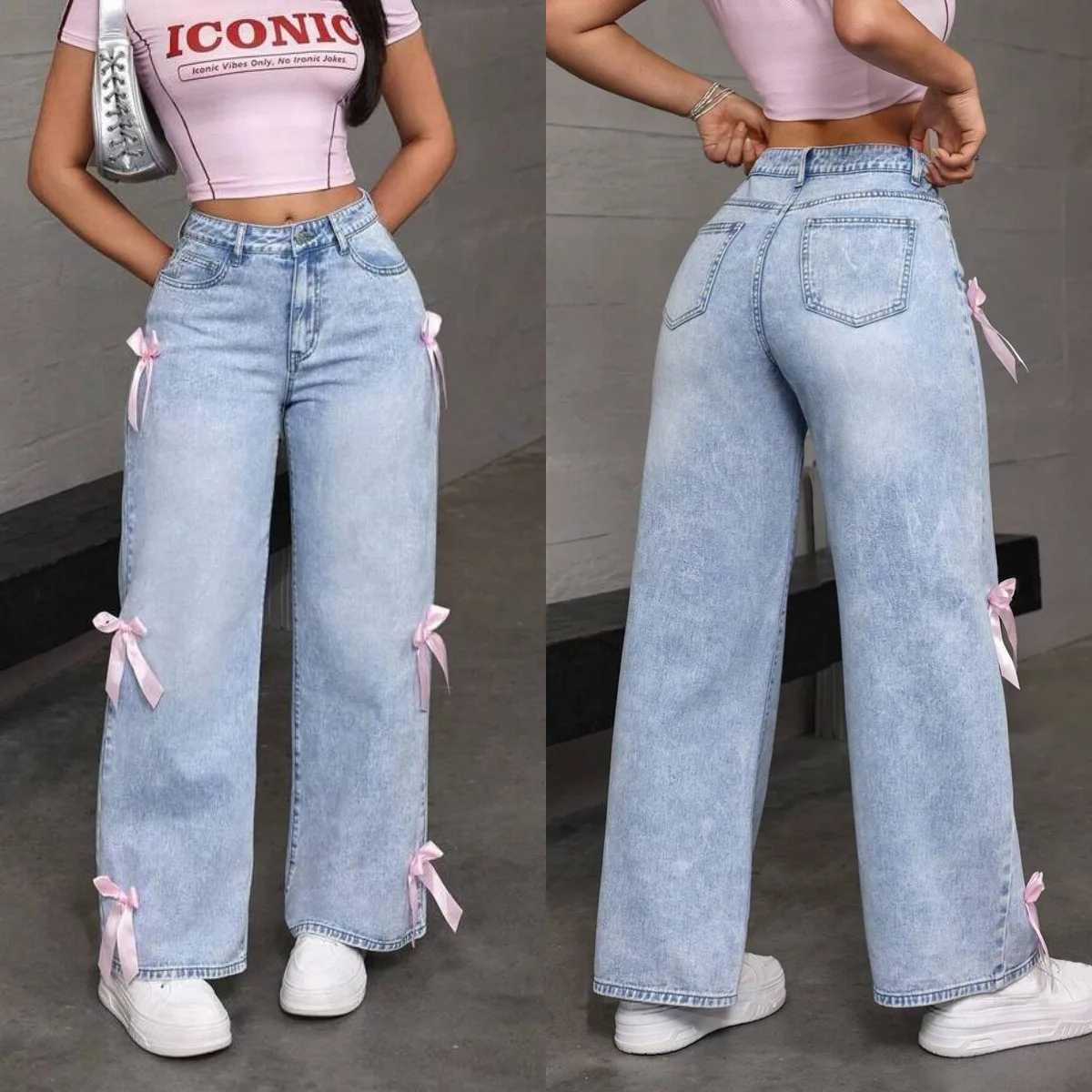 New Women's Pink Bow Embellished Wide Leg Jeans High Waist Light Wash Denim