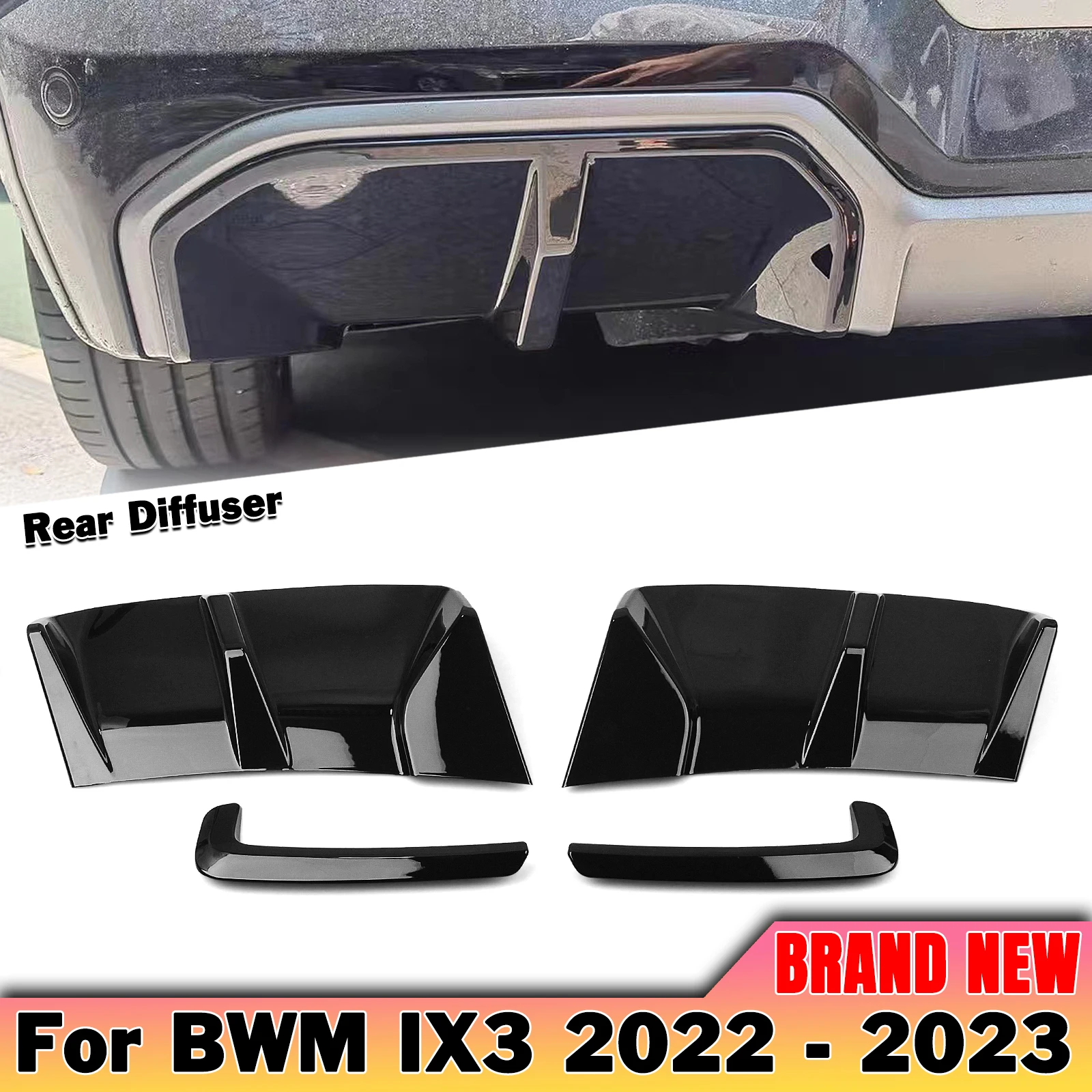 

Glossy Black Car Rear Bumper Side Spoiler Splitter Cover+Fog Light Lamp Cover Frame Trim For BMW IX3 2022-2023