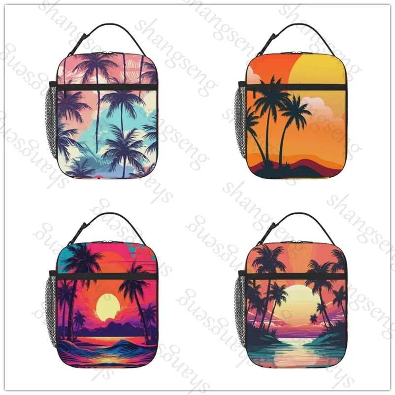 Lunch Bag insulated bag,student thickened waterproof Outdoor Travel Ice Pack, Picnic Bag Silhouette of tropical palm trees