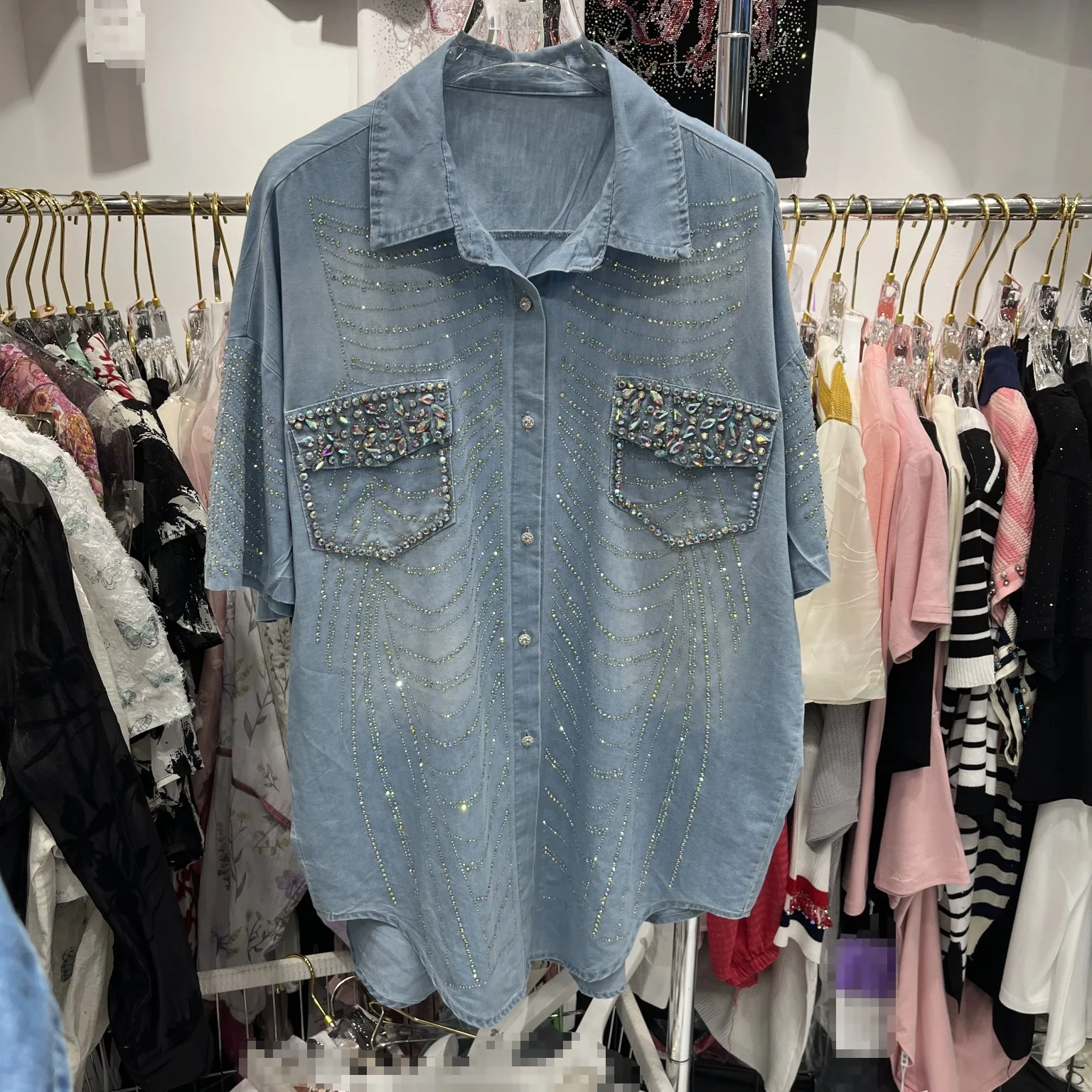 Exquisite Rhinestone Short Sleeve Denim Shirt for Women 2024 Spring and Summer New Street Cool Girl Lapel Single Breasted Top