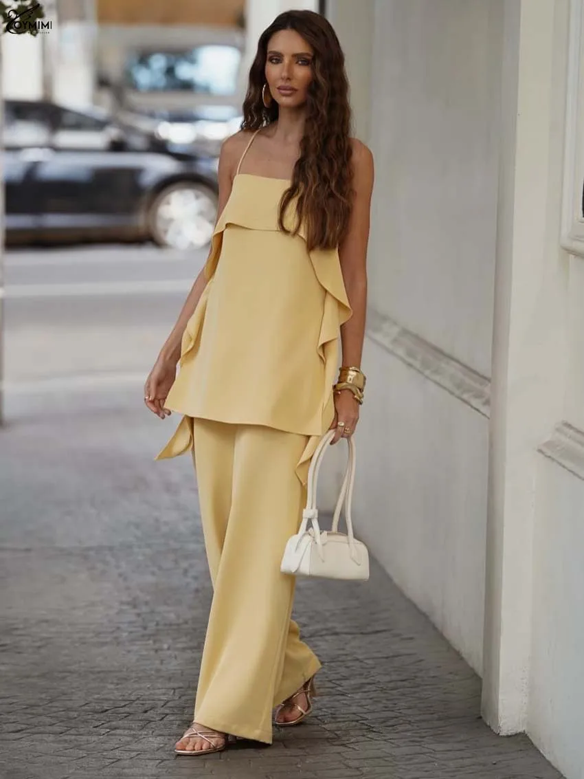 

Oymimi Elegant Yellow Two Piece Outfits Woman Casual Spaghetti Strap Lace-Up Open Back Ruffled Tops And Simple Trousers Sets