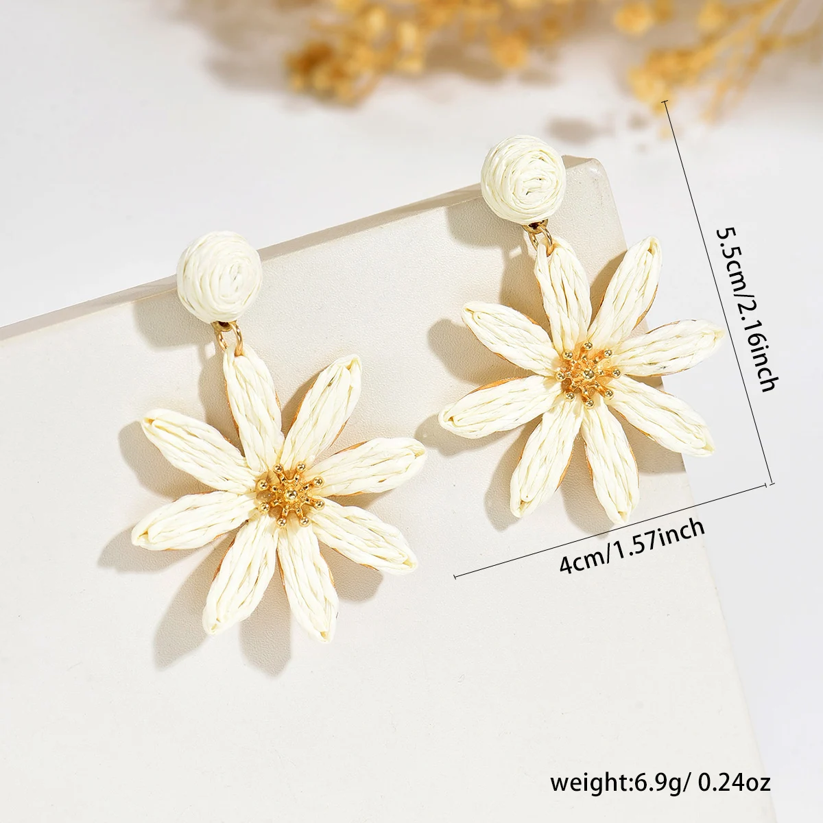 Lightweight Woven Raffia Daisy Drop Earrings Multi Color Straw Floral Dangle Earrings with Raffia Ball Stud for Women Beach Trav