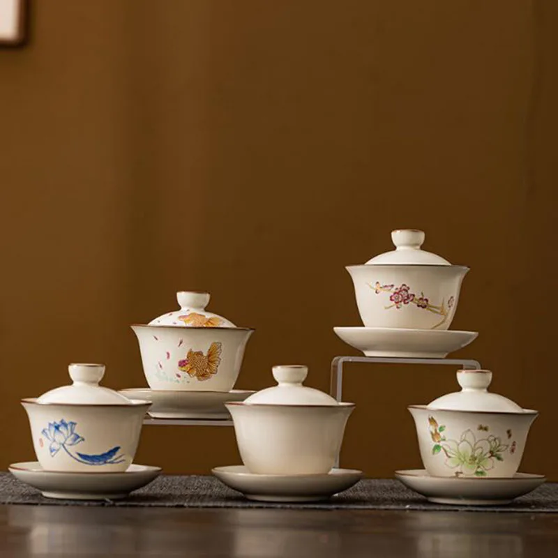 Ruyao-cuenco Beige para infusiones de té, accesorios para beber, Sancai Gaiwan, Kungfu