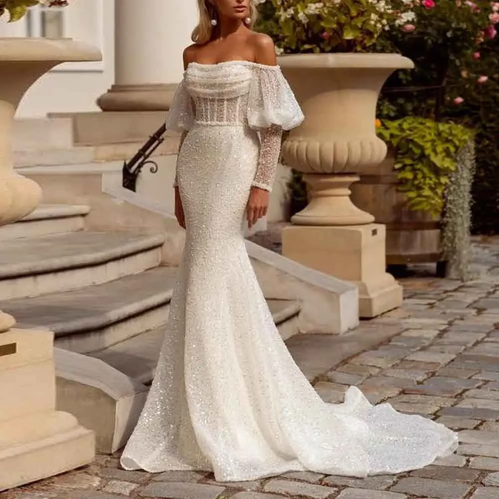 

Customized Exquisite Sequin Mermaid Wedding Dress Strapless Off The Shoulder Bridal Gown Corset Chapel Train Vestido De Noiva