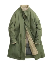 2023 New Cotton Padded Parka Army Green Vintage Fake Two Piece Stand Collar Long Jacket Women Drawstring Big Pocket Coat Women