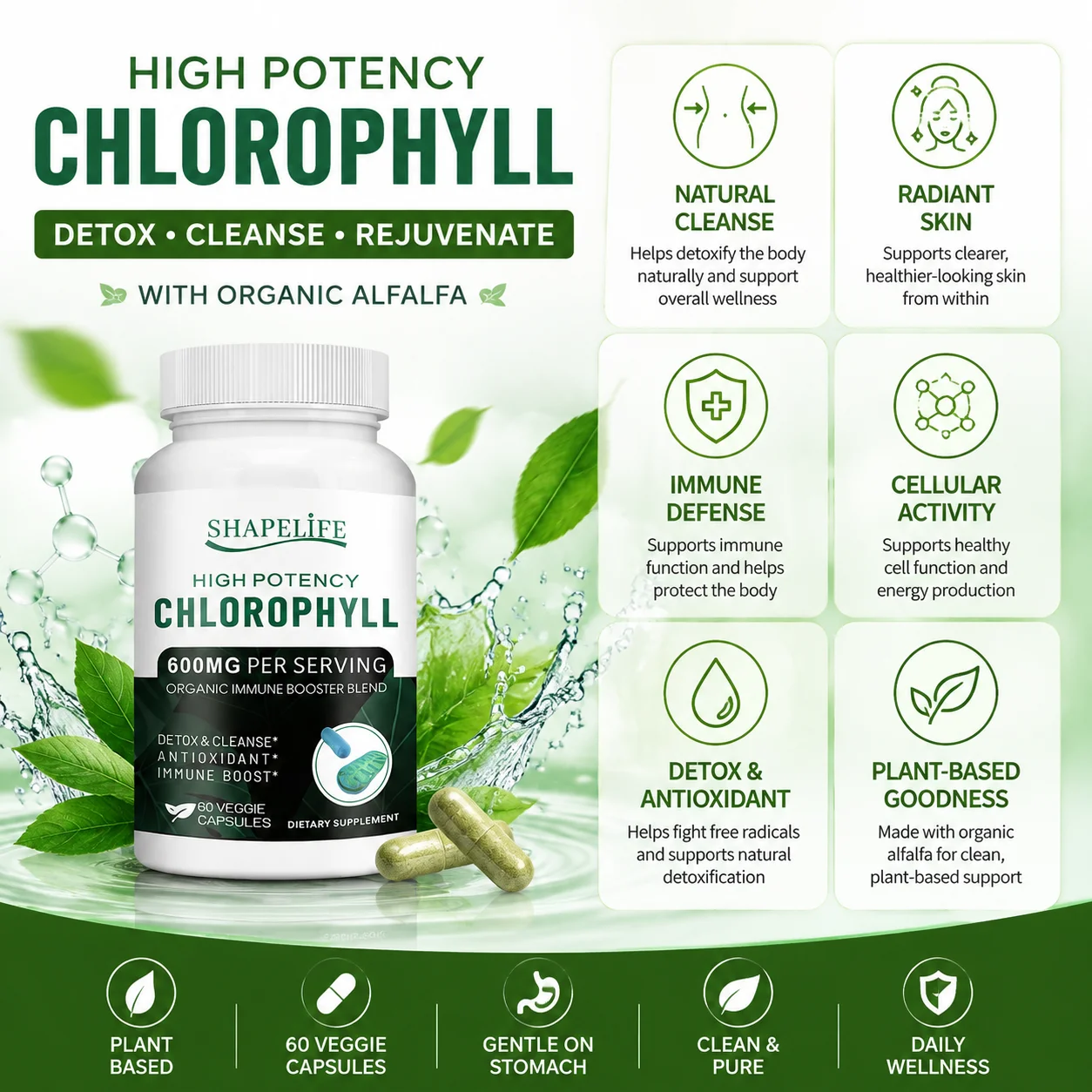 Chlorophyll Capsules, Supports Radiant Skin,Natural Cleansing, Cellular Activity,Immune Defense,With Organic Alfalfa,60 Capsules
