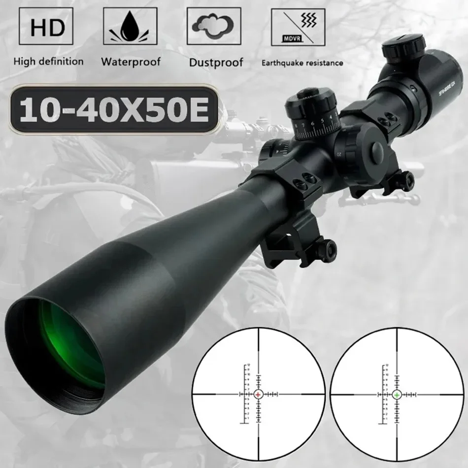 

10-40X50 Tactical Rifle Scope Optics Sight Hunting Sniper Riflescopes Side Wheel Parallax Adjustable Red Green Dot Scopes