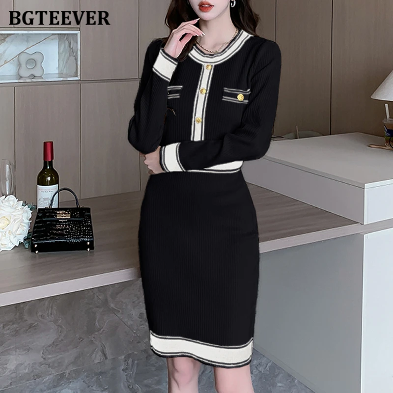 BGTEEVER Stylish Chic Ladies O-neck Slim Waist Female Patchwork Knitted Bodycon Dress Elegant Long Sleeve Female Sweater Dress