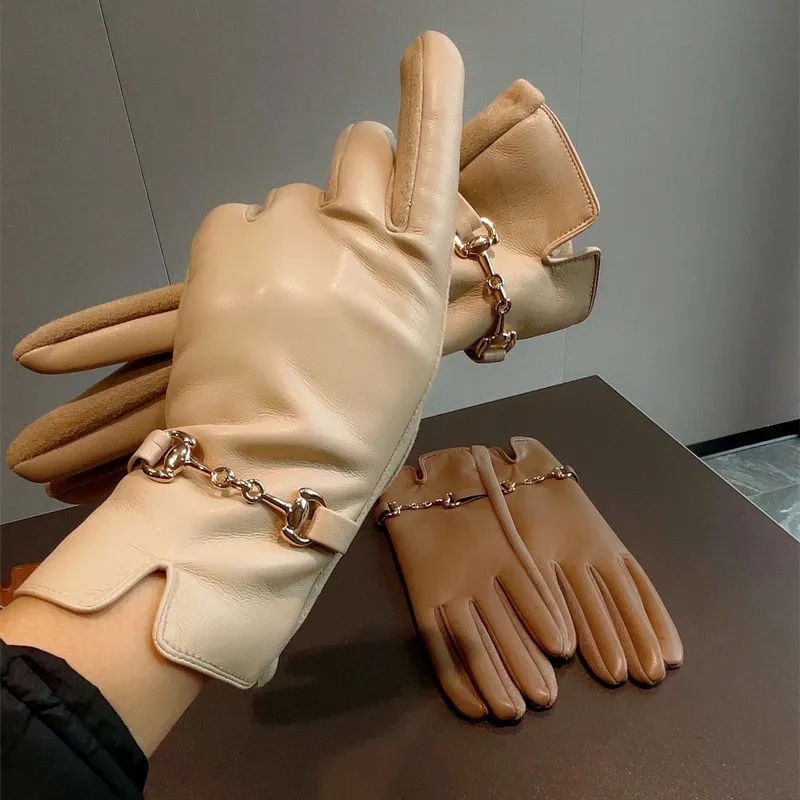 

Теплые перчатки из искусственной кожи для женщин для вождения и езды на велосипеде, сенсорные, ветрозащитные, с цепочкой, перчатки с раздельными пальцами и замшевыми вставками