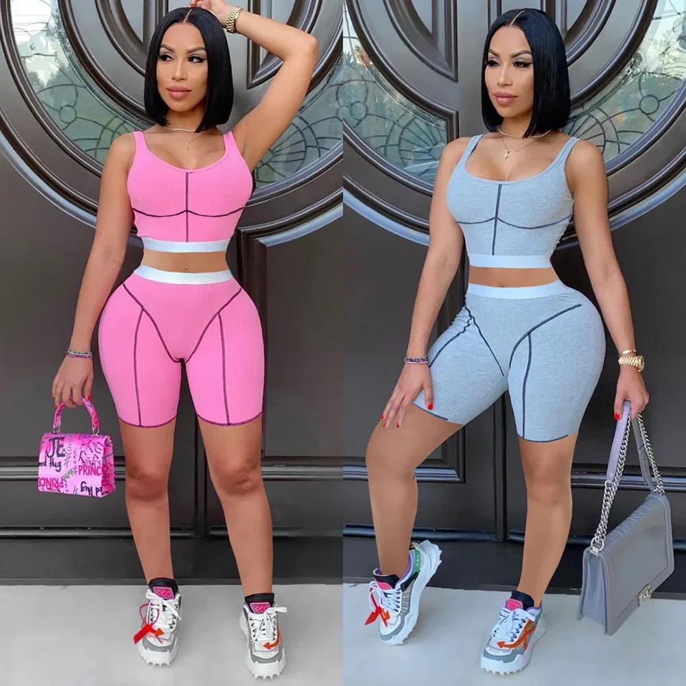 Prowow Women Clothing Set Summer Ribbed Bodycons Outfits Joggers Fitness Sporty Suit Corset Tops Shorts Two Piece Matching Suits