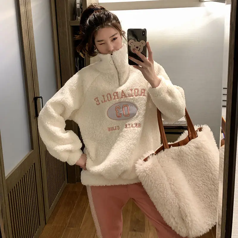 Women\'s Lamb Hair Thickened Sweatshirts 2023 Autumn/Winter New Fashion Sweet Loose Korean Embroidered Plush Lazy Top Trend