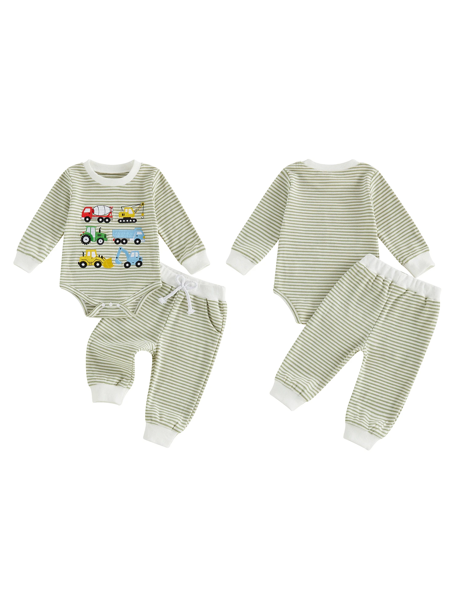 

Toddler Boys Striped Shirt Long Sleeve Crew Neck Dinosaur Embroidery Tee Elastic Waist Pants 2-Piece Set