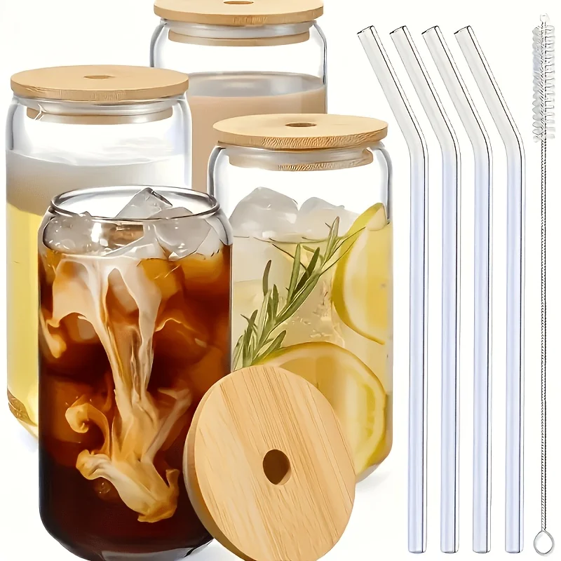

us4/6pcs, 18.6oz/550ml, Including Lid, Straw, Straw Brush Glass Cup Set. The Elegant Shape Of The Drinking Cup Is An Ideal Gift, And The Can Shaped Glass Cup Is Suitable for Any Beverage And Occasiond