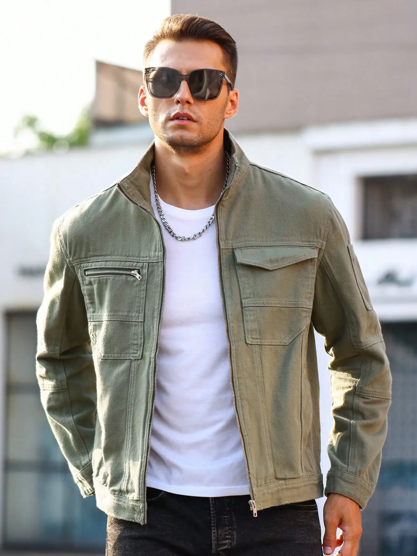 Men Army Green Stand Collar Cargo Jacket Multi Zipper Pockets Tactical Workwear Outerwear Casual Field Coat