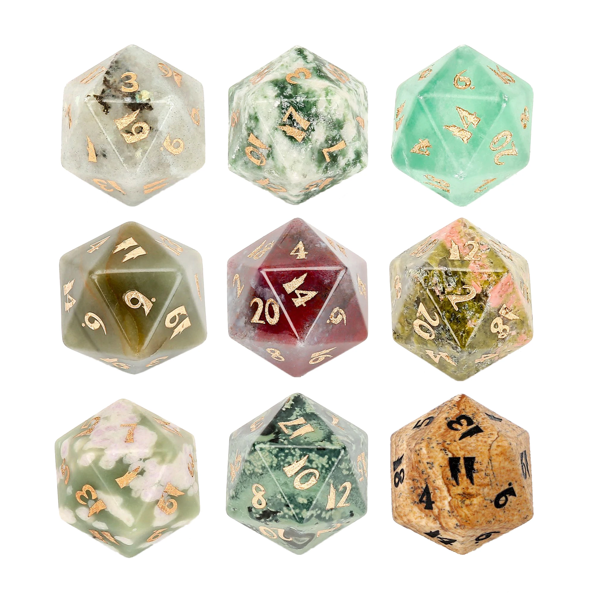 Hot Sale New Font Spot Good Natural Stone D20 Dice Tiger\'s Eye Green Fluorite Polyhedron Crystal Dice Custom Symbol Pattern Logo