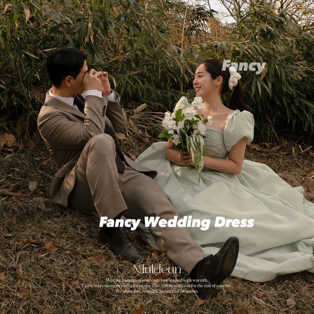 

Fancy Princess Square Neck Green Wedding Dress Korea Photo Shoot A Line Soft Tulle Evening Dress Back Corset Customized