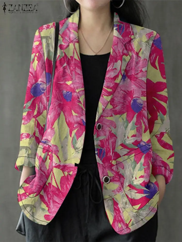 ZANZEA-blazer estampado floral para mulheres, jaquetas soltas casuais, casacos finos com gola lapela elegante, roupas vintage, manga longa, outono, 2024