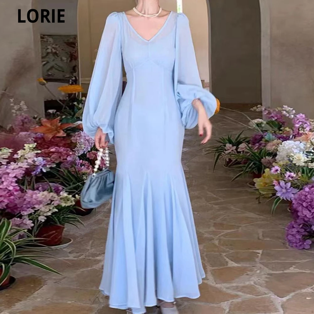 LORIE-Vestidos De Noche De gasa con cuello en V para mujer, traje Largo De sirena con mangas abullonadas, Largo hasta el suelo, color azul cielo, Sexy, elegante, para Fiesta