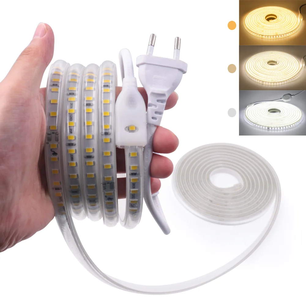 

220V LED Strip Lights Super Bright 2835 120LEDs/m Flexible LED Tape IP67 Waterproof Ribbon Outdoor Lighting With EU UK Plug