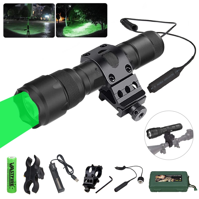 502B Green LED Hunting Flashlight Tactical Torch Green Light 1-Mode Waterproof Outdoor Light Mount+Switch USB Rechargeable Lamp