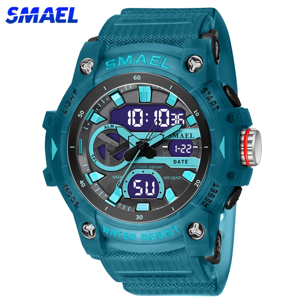 SMAEL-reloj Digital con pantalla de doble hora para hombre, cronómetro de cuarzo resistente al agua, analógico, deportivo, con alarma de fecha