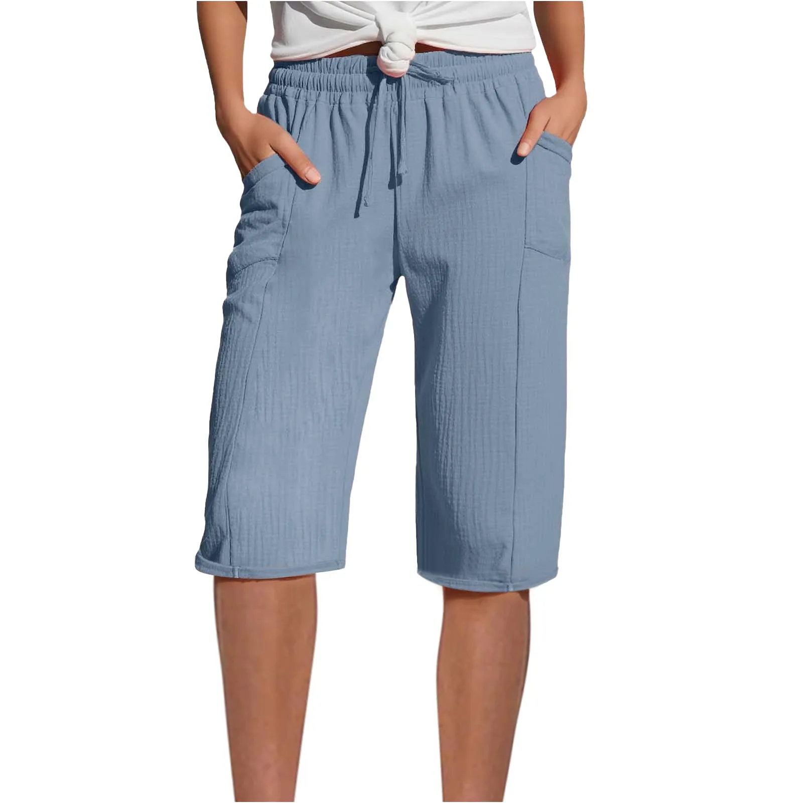 

Летние тонкие повседневные шорты, женские льняные шорты, однотонные повседневные плиссированные шорты с эластичной резинкой на талии, шорты с высокой талией на шнурке