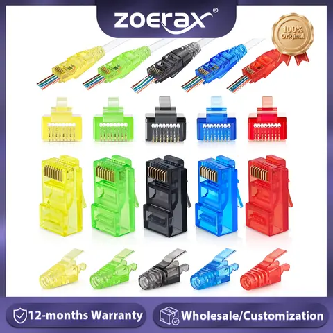 ZoeRax 50PCS RJ45 Cat6 Pass Through Connectors and 50PCS Strain Relief Boots, Assorted Colors, EZ to Crimp Modular Plug