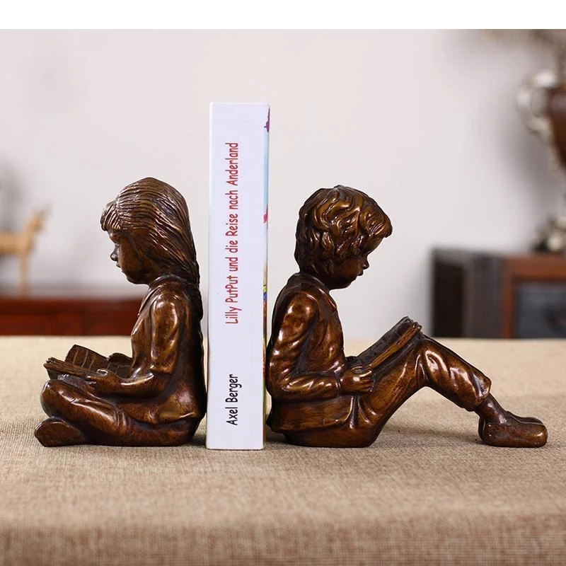 Brass Color Resin Kid Bookend Sculpture vintage Bookcase Furnishing Boy Girl Crafts Gift Home Decoration Two-piece Set