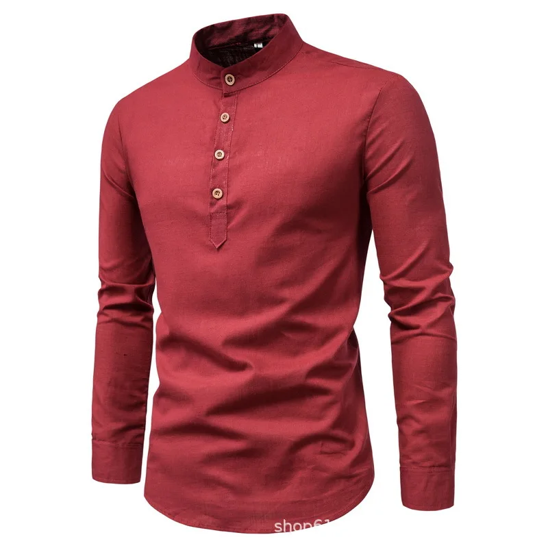 2024 New Men\'s Foreign Trade Leisure Long sleeved Four Seasons Solid Color Standing Neck Shirt