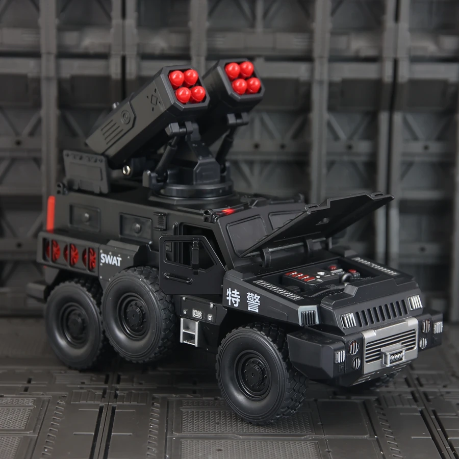 Simulación de coche blindado, modelo de aleación, colección de adornos de coche, amortiguador acústico-óptico, coche de juguete para niño