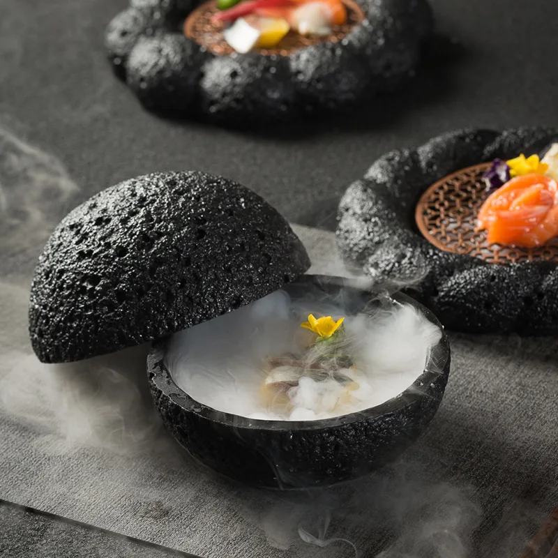 Dry Ice Plate Smoked Barbecue Planet Bowl Volcanic Stone Coal Ball Plate Molecular Cuisine Placement Artistic