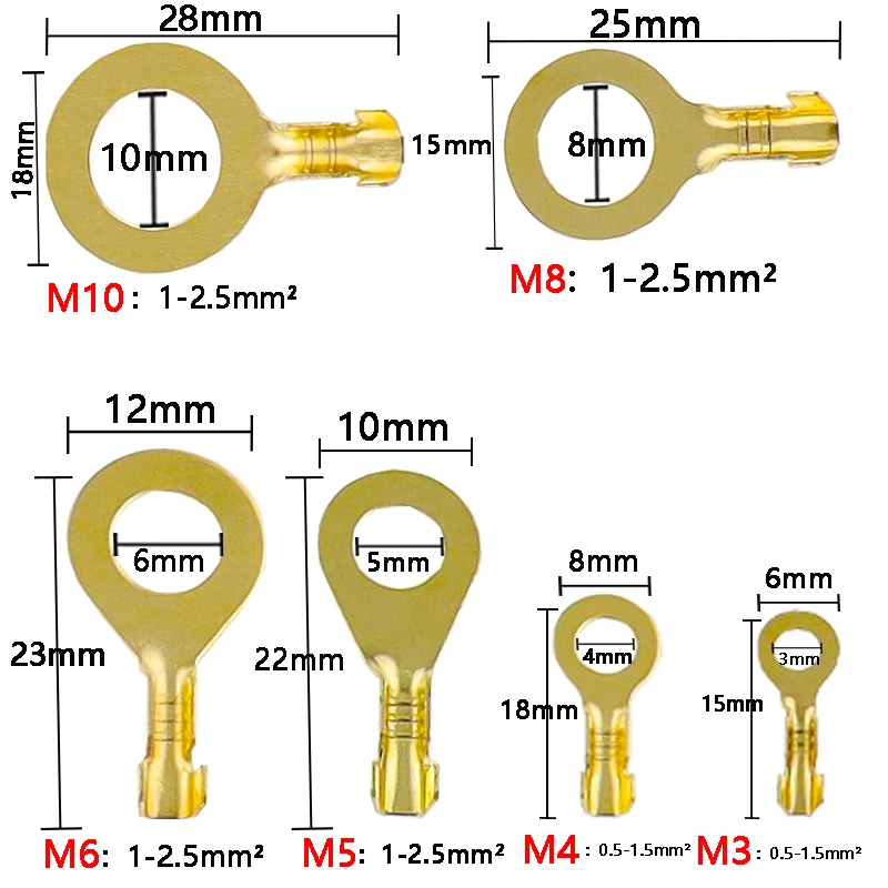 150pcs/set Terminal Block DJ431M3/M4/M5/M6/M8/M10  O-type Lugs Terminals Cold-Pressed Wire Connector Copper Tab Wiring Nose